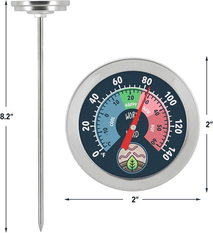 Arcadia Garden Products WN38 Nerd Worm Compost Bin and Garden Soil Thermometer, 8 Stainless Steel Probe with 2-inch Waterproof Anti-Fog Dial, Color-Coded Temperature Zones, Silver