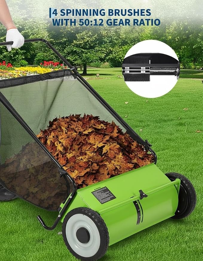GarveeLife 21 Inch Push Lawn Sweeper with 4 Spinning Brushes, 3.5 Cu.ft Large Capacity Leaf Collector, Adjustable Height Grass Sweeper, All Terrain Lawn Leaf Debris Removal Tool for Yard Garden Patio