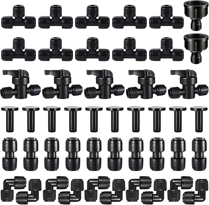47 Pack Quick Connect 1/4" Drip Irrigation Fittings Kit, 1/4'' Drip Irrigation Tubing Push-to-Fit Connectors Parts- 5 Shut Off Valve, 10 Tees, 10 Couplings, 10 Elbows,10 End Plugs, 2 Faucet Adapters