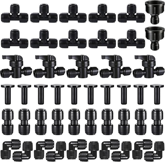 47 Pack Quick Connect 1/4" Drip Irrigation Fittings Kit, 1/4'' Drip Irrigation Tubing Push-to-Fit Connectors Parts- 5 Shut Off Valve, 10 Tees, 10 Couplings, 10 Elbows,10 End Plugs, 2 Faucet Adapters