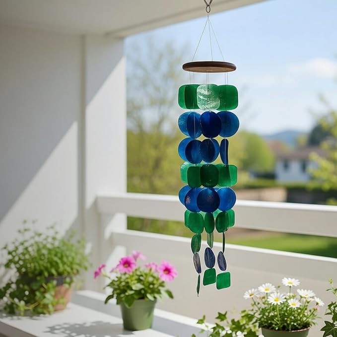 Solange & Frances Capiz Shells Wind Chimes for Outside. Patio Decor, Garden Decor Windchimes Outdoors. Unique Birthday Gifts for Women, Gift for Men, and Gifts for Mom Ideas (Peacock)