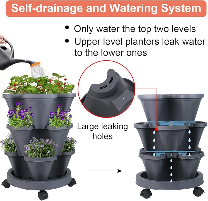 GameXcel Vertical Planter Tower - 3 Tier Stackable Garden Planters with Wheels and Tools Plant Pots for Strawberry Herb Flower and Vegetable Indoor Outdoor Use Dark Gray