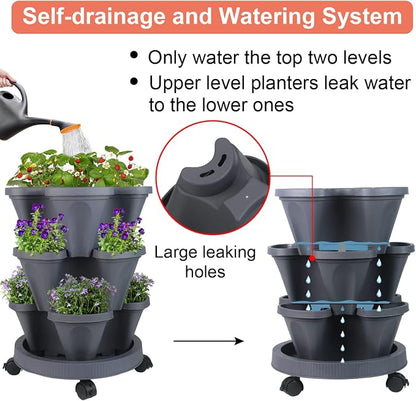 GameXcel Vertical Planter Tower - 3 Tier Stackable Garden Planters with Wheels and Tools Plant Pots for Strawberry Herb Flower and Vegetable Indoor Outdoor Use Dark Gray