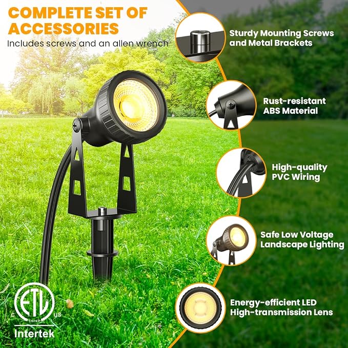 FOOMAN 6-Pack Spot Lights Outdoor, Low Voltage Landscape Lighting, LED Pathway Lights with Transformer, IP68 Waterproof Warm White Spotlight for Yard Garden Flags House Lawn Tree