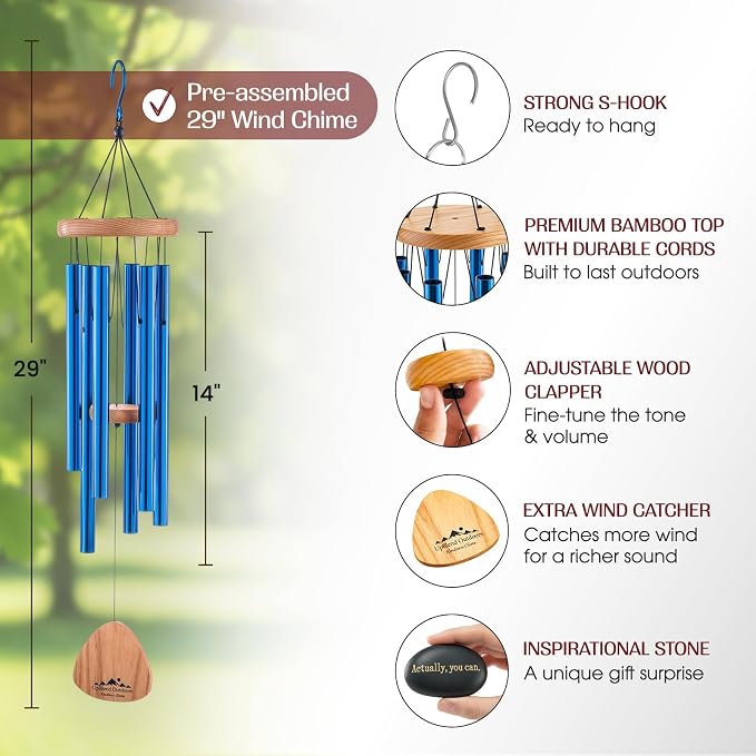 Blue Wind Chimes for Outside Deep Tone, 29 Inch Hand Tuned B Major Pentatonic Soprano Wind Chime with Decorative Kindness Stone, Outdoor Garden Patio Porch Decor, Meaningful Sympathy Memorial Gift