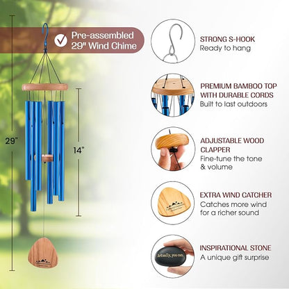 Blue Wind Chimes for Outside Deep Tone, 29 Inch Hand Tuned B Major Pentatonic Soprano Wind Chime with Decorative Kindness Stone, Outdoor Garden Patio Porch Decor, Meaningful Sympathy Memorial Gift