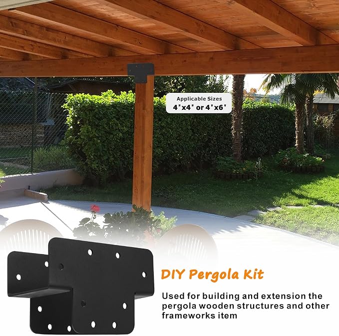 Ertuohg 2 Pcs Pergola Kit T Shaped 4x4 (Actual Size 3.57"x3.57"), Heavy Duty Woodwork DIY Pergola Brackets Kit, 4x4 3 Way T Bracket for Pergolas and Gardens, Matte Black