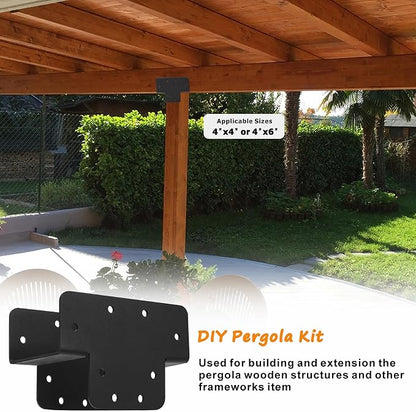 Ertuohg 2 Pcs Pergola Kit T Shaped 4x4 (Actual Size 3.57"x3.57"), Heavy Duty Woodwork DIY Pergola Brackets Kit, 4x4 3 Way T Bracket for Pergolas and Gardens, Matte Black