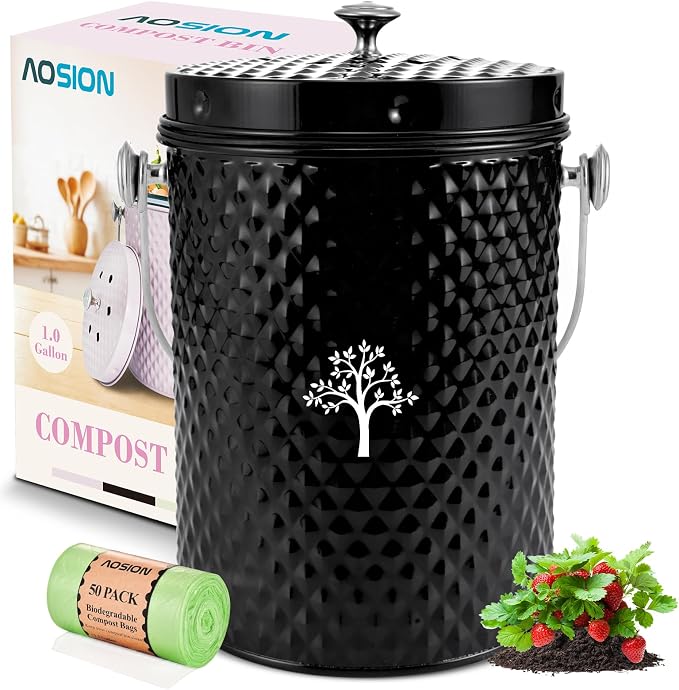 AOSION Countertop Compost Bin, Odor-Free Food Waste Container with 50 Bags | 1 Gallon Container,2 Carbon Filters,Compost Bucket, coffee grounds
