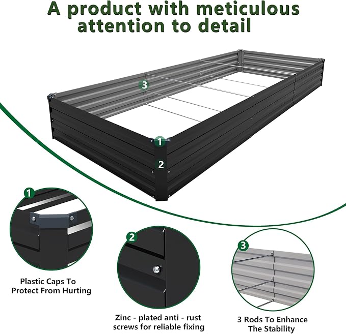 2PCS 12x4x1ft Galvanized Raised Garden Bed Kit,Gardening Planter Box | Outdoor Elevated Metal Planter Box For Vegetables, Flowers, Herbs, Anti-Rust Galvanized Steel, Open Drainage, Sturdy (Black)