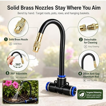 5/16" Drip Irrigation System 65 ft with 16-Pcs 360° Adjustable Copper Nozzles, Automatic Misting Watering System for Garden, Raised Beds, Greenhouse (65ft+16 nozzles)