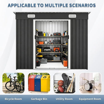 YOPTO 8X4 FT Metal Lockable Outdoor Storage Shed W/Air Vents,Black | Galvanized Steel Shed W/ Sliding Lockable Door,Threshold,Sloped Roof,All Weather Waterproof for Garden,Patio,Backyard,Lawn