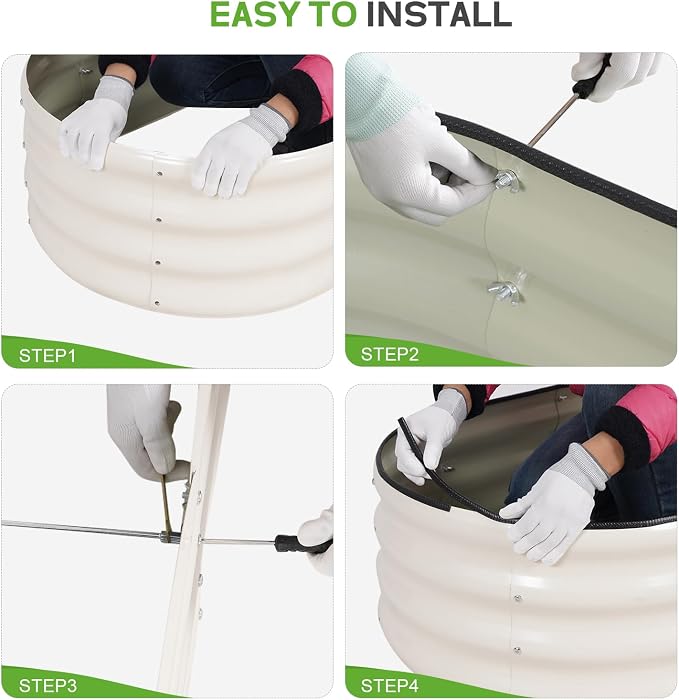 Galvanized Raised Garden Bed - 4×2×1ft (2 Packs) Planter Raised Beds for Gardening | Oval Metal Garden Planter Box with Safety Edging and Gloves for Vegetables Fruits and Flower (White)