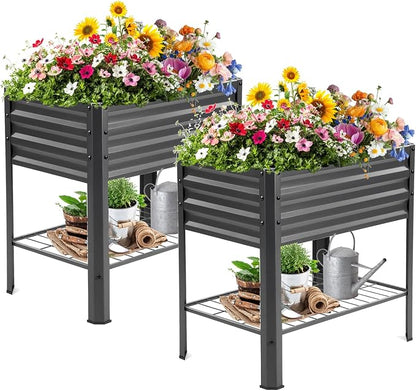 Raised Garden Bed with Legs and Shelf, 2pcs 32"x20"x31.5" Powder Coated Elevated Metal Planter with Legs for Outdoor Vegetables, Standing Raised Beds for Balcony, Patio, Lawn and Backyard
