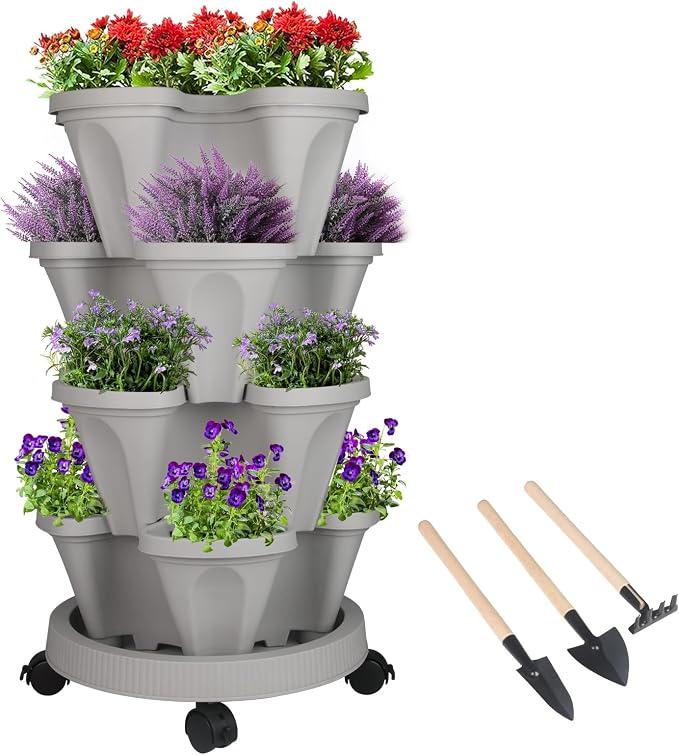 GameXcel Vertical Planter Tower - 4 Tier Stackable Garden Planters with Wheels and Tools Plant Pots for Strawberry Herb Flower and Vegetable Indoor Outdoor Use Gray