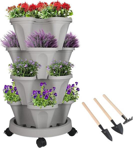 GameXcel Vertical Planter Tower - 4 Tier Stackable Garden Planters with Wheels and Tools Plant Pots for Strawberry Herb Flower and Vegetable Indoor Outdoor Use Gray