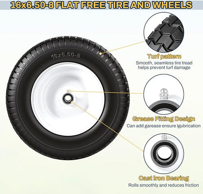 16x6.50-8 Flat Free Lawn Mower Tire and Wheel, 16x6.5-8 Solid Replacement Front Tires for Riding Mowers and Lawn Tractors, with 3/4" Bushings & 5/8" Bearings, 3" Centered Hub, 2 Pack