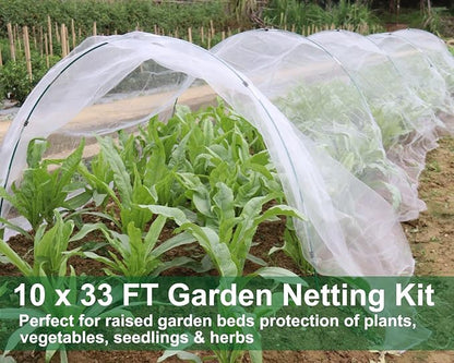 KLEWEE Garden Netting Kit for Raised Beds, 10 x 33 ft Ultra Fine Mesh Netting and 6 Sets Fiberglass Garden Hoops, Garden Bed Row Covers for Plants Vegetables from Animals Barrier Insects Bugs