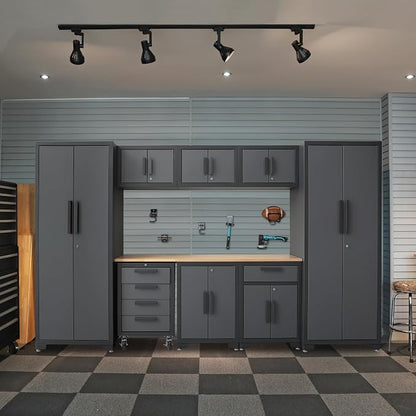 Torin Garage Cabinets Storage System, 9-Pcs Workshop Cabinet Set in Black | Included Steel Drawers Rolling Chest,Locked Storage Cabinet, Perfect for Organizing Garage and Tools, Black/Grey