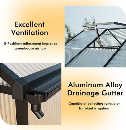 8X10FT Enhanced Aluminum Walk-in Greenhouse for Outdoors with Thermometer | Easy Assembly, UV-Resistant Panel, Rain Gutter, Lockable Sliding Door, Built-in Reinforcement, For Vegetable, Flower and Herb