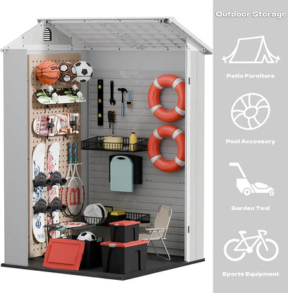 Devoko 4×4 FT Resin Storage Shed with Floor, Plastic Outdoor Garden Shed with Windows and Lockable Doors, Waterproof Outside Tool Sheds for Patio Backyard Lawn, Light Gray
