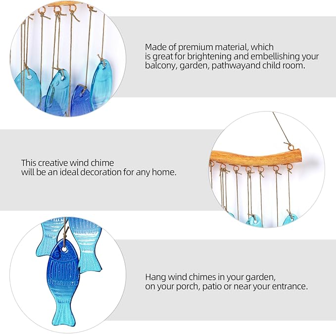Wind Chimes Blue Glass Sea, Garden Wind Chime for Home, Beach Party, Festival Decor, Glass Garden Patio Yard Porch Decoration Indoor/Outside, Lifelike Fish Style
