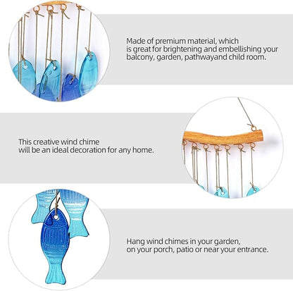 Wind Chimes Blue Glass Sea, Garden Wind Chime for Home, Beach Party, Festival Decor, Glass Garden Patio Yard Porch Decoration Indoor/Outside, Lifelike Fish Style