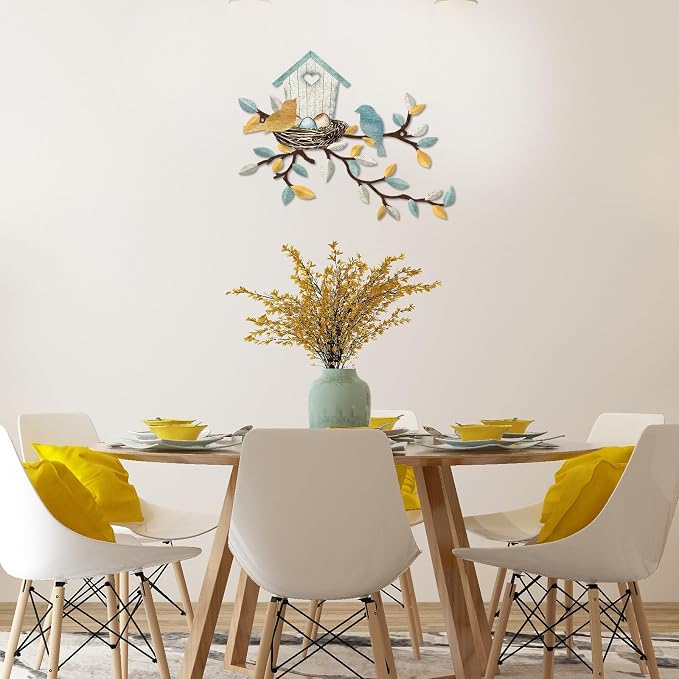 COLOR VALLEY ART-Metal Bird Wall Art Birds on The Branch Wall Decor Leaves with Birds Sculpture Bird Silhouette Metal Ornament Branch Wall Hanging Sign for Balcony Garden Decor (Teal White-16.5''x13'')