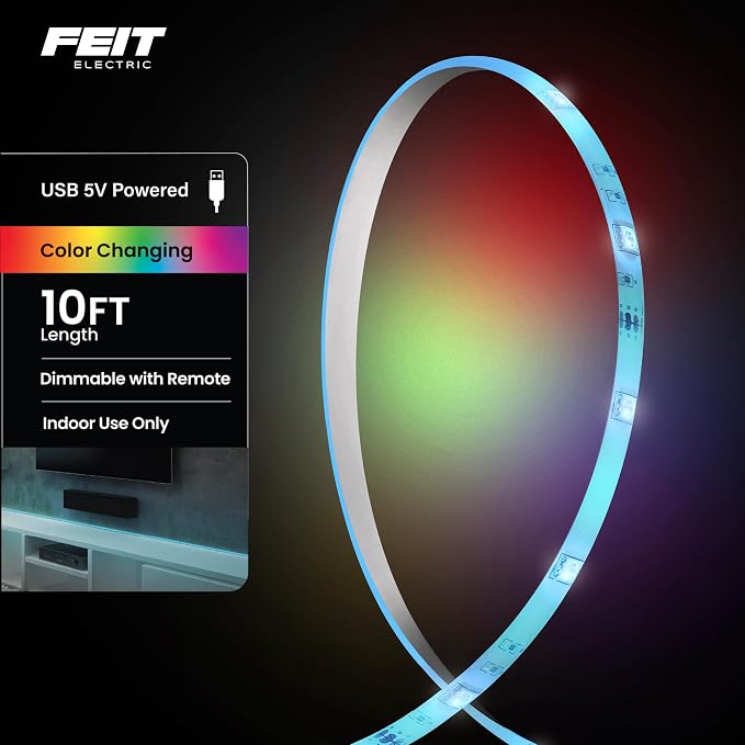 Feit Electric 10ft Color LED Tape Light, Dimmable, RGB Color with Remote Control, Cut-to-Fit Design, 5V USB-Powered Display Lighting, Indoor Use Only, 25,000-Hour Lifetime, TAPE120/RGB/USB