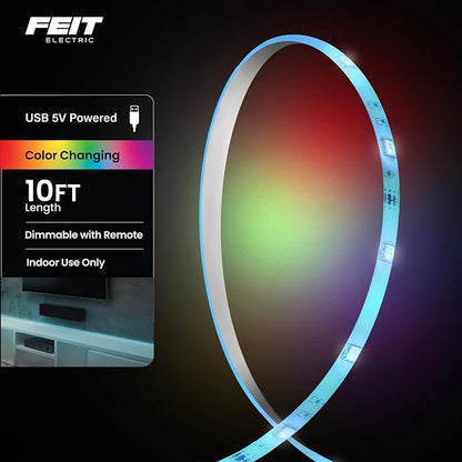 Feit Electric 10ft Color LED Tape Light, Dimmable, RGB Color with Remote Control, Cut-to-Fit Design, 5V USB-Powered Display Lighting, Indoor Use Only, 25,000-Hour Lifetime, TAPE120/RGB/USB
