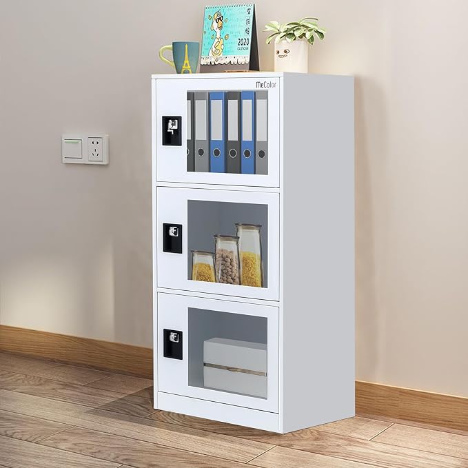 MECOLOR Vertical Single-Layer Small lockers with Padlocks and latches, 2 or 3 compartments, for Employees, Families, Offices, Schools, supermarkets and Other Places, (Full White, G3V)