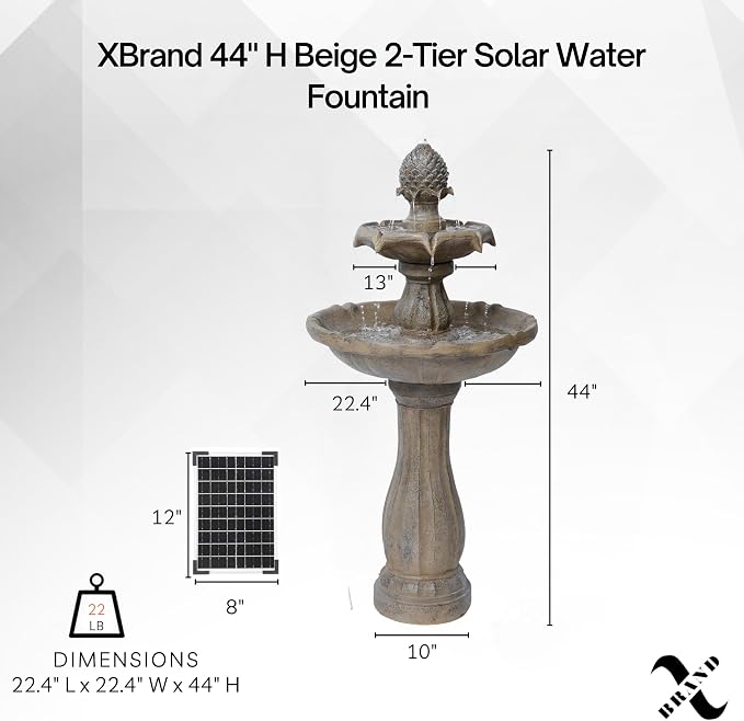XBrand 44" Solar Powered Outdoor 2-Tier Cascading Water Fountain, Fiberglass Resin Garden & Patio Solar Fountain, Beige