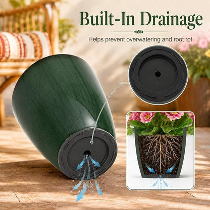 Neoaider Set of 2 Tall Planter, 21 inch Large Plastic Planter, Dark Green | Ceramic-Look, Lightweight, Built-in Drain Hole, Saucers, Tall Outdoor Planter for Porch, Garden, Patio, Balcony