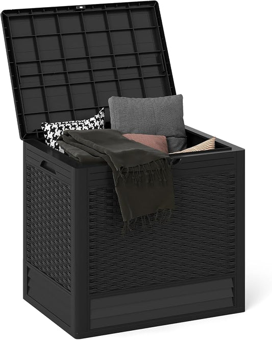 Tangkula 25 Gallon Outdoor Storage Box, Waterproof PP Resin Patio Storage Box with with Lockable Lid for Indoor & Outdoor Use, 2-in-1 Rattan Design Deck Box for Patio Cushions, Garden Tools