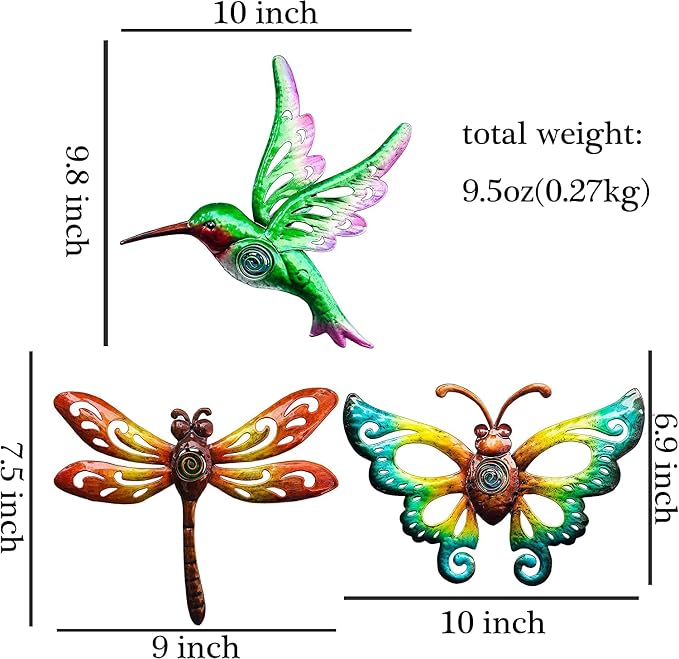 YNGFIL Hummingbird Butterfly Dragonfly Metal Wall Art Decor, Wall Sculpture Decoration Hanging for Home Living Room Bedroom Garden Porch Patio Balcony Ornament for Indoor Outdoor, 3 pack 9 inch