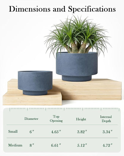 Succulent Pots, 8 Inch + 6 Inch Plant Pots for Plants with Drainage Hole, Indoor Outdoor Ceramic Planter, Set of 2 Round Flower Pots for Succulent and Plants, Blue