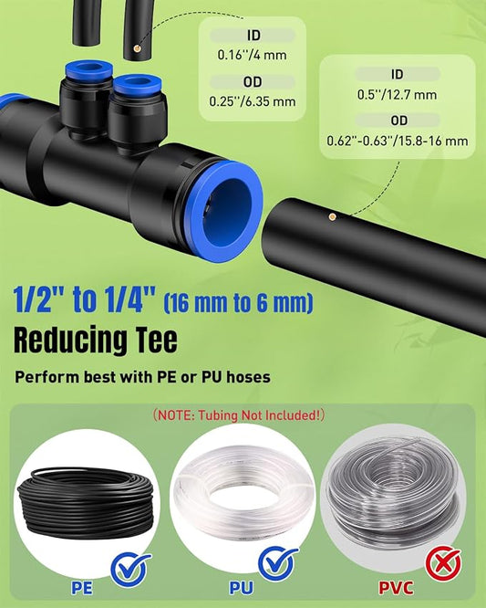 Pawfly 12 Pcs Quick Connect 1/2" to 1/4" Drip Irrigation Fittings for 1/2" Tubing (0.62-0.63" OD), Push-to-Fit 4-Way Reducing Tees Reducer Tee Connectors, Anti-Leak Drip Irrigation Tee Fittings