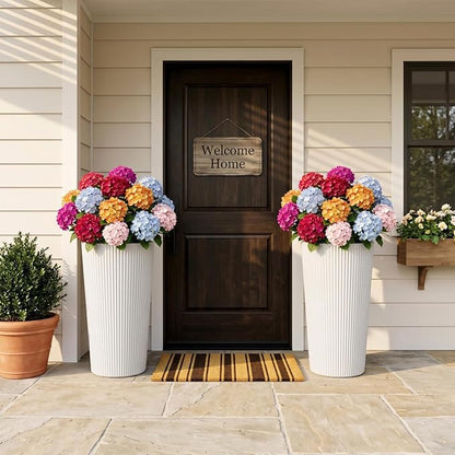 24" Tall Planters for Outdoor Plants with Insert, Set of 2 White | Large Outdoor Planters for Front Porch Decor with Drainage Hole, Plastic Striped Flower Pots Fits Indoor Plants Patio Garden