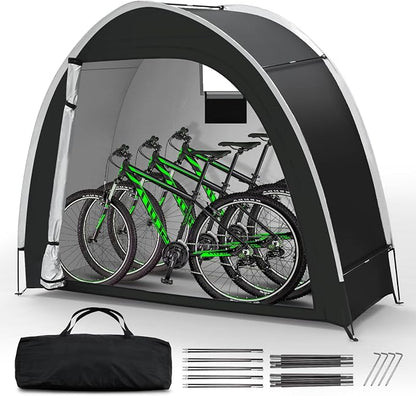 Bike Storage Tent for Outdoor, 2 Bike Capacity with Extra Top Space, PU5000 Waterproof 210D Oxford Fabric with Taped Seams, Portable Floor Storage Shed for Bicycle, Motorcycle & Garden Tools, etc