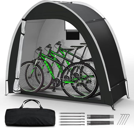 Bike Storage Tent for Outdoor, 2 Bike Capacity with Extra Top Space, PU5000 Waterproof 210D Oxford Fabric with Taped Seams, Portable Floor Storage Shed for Bicycle, Motorcycle & Garden Tools, etc
