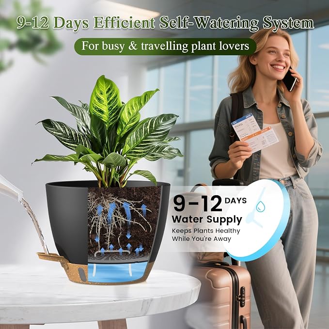 Plant Pots, 1 Pack 12 Inch Self Watering Pots with Drainage Holes, Water Level Indicator Deep Reservoir, Large Planters for Indoor Outdoor Plants - Black Brown