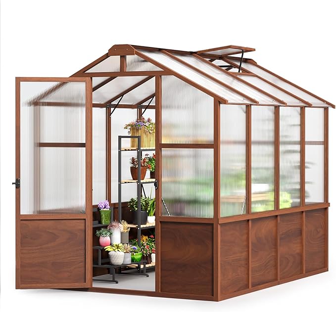 Jocoevol 6x8ft Outdoor Greenhouse, Wooden Frame Polycarbonate Greenhouse with Adjustable Roof Vents and Lockable Door Handle, Walk-in Greenhouse Perfect for Backyard and Garden