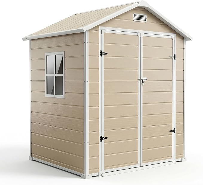 Garvee Plastic Outdoor Storage Shed with Floor, Resin Garden Shed | with Window & Sloping Roof & Lockable Door for Patio Backyard Garden, Lawn Mower, Bike, Tool Storage (Light Brown, 6' x 4')