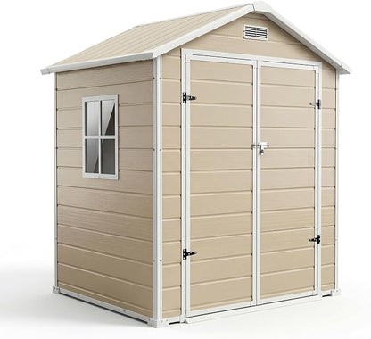 Garvee Plastic Outdoor Storage Shed with Floor, Resin Garden Shed | with Window & Sloping Roof & Lockable Door for Patio Backyard Garden, Lawn Mower, Bike, Tool Storage (Light Brown, 6' x 4')
