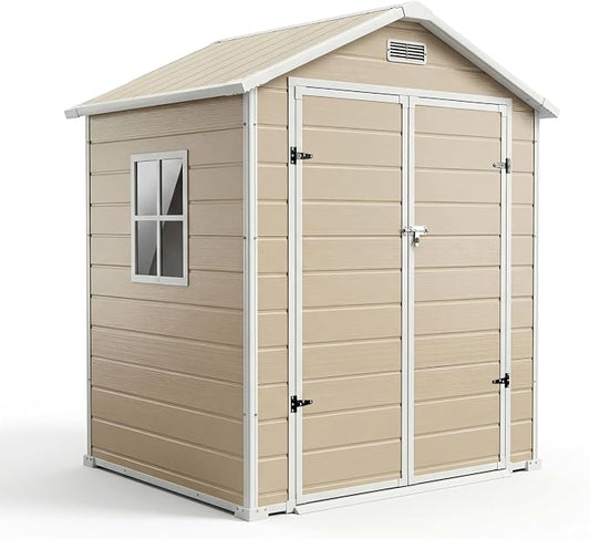 Garvee Plastic Outdoor Storage Shed with Floor, Resin Garden Shed | with Window & Sloping Roof & Lockable Door for Patio Backyard Garden, Lawn Mower, Bike, Tool Storage (Light Brown, 6' x 4')