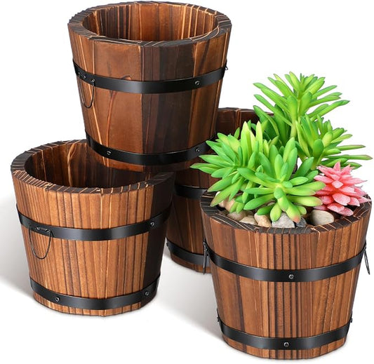 BESPORTBLE Rustic Wooden Barrel Planters: 4pcs Whiskey Barrel Bucket Flower Pots, Plants Boxes Container with Handles for Garden Outdoor Indoor Decor