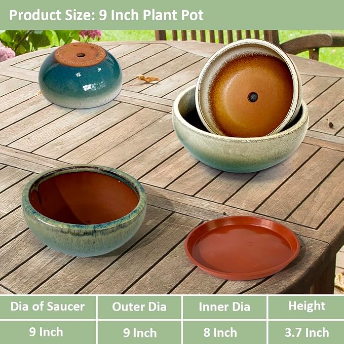 9 Inch Glazed Terracotta Plant Pot Round Ceramic Succulent Planter Pot with Drainage and Mesh Pad Cactus Clay Bonsai Pot (Green)