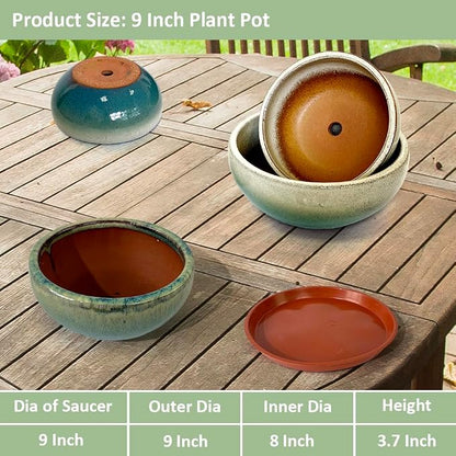 9 Inch Glazed Terracotta Plant Pot Round Ceramic Succulent Planter Pot with Drainage and Mesh Pad Cactus Clay Bonsai Pot (Green)