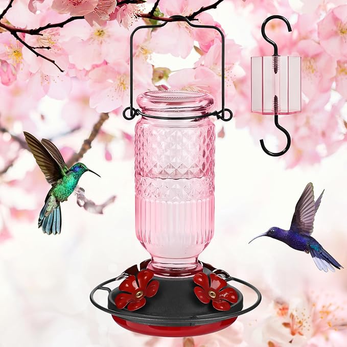 FEED GARDEN Glass Hummingbird Feeder for Outdoors Hanging, 16 OZ Humming Bird Feeders with 4 Bee Guard Feeding Ports & Built-in Ant Moat, Hummingbird Gifts for Mom Bird Feeder for Outside, Pink,2 Pack