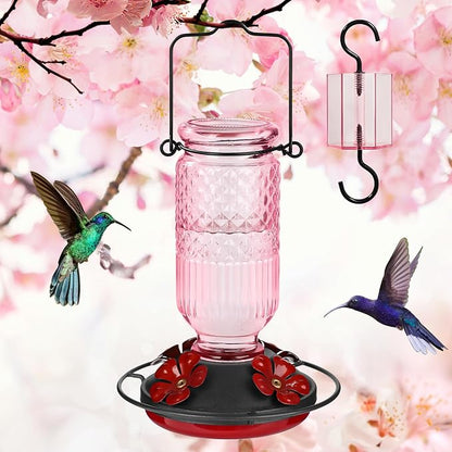 FEED GARDEN Glass Hummingbird Feeder for Outdoors Hanging, 16 oz Leak-Proof Nectar Feeder with Bee Guards & Ant Moat, 4 Metal Flower Feeding Ports, 360° Perch Ring, Easy Refill & Clean, Pink